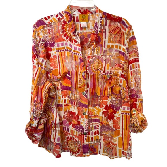Ruby Rd. Tops - Ruby Rd Plus Size 20W Top Orange Pink Burnout Artsy Summer Coastal Vibrant 1030